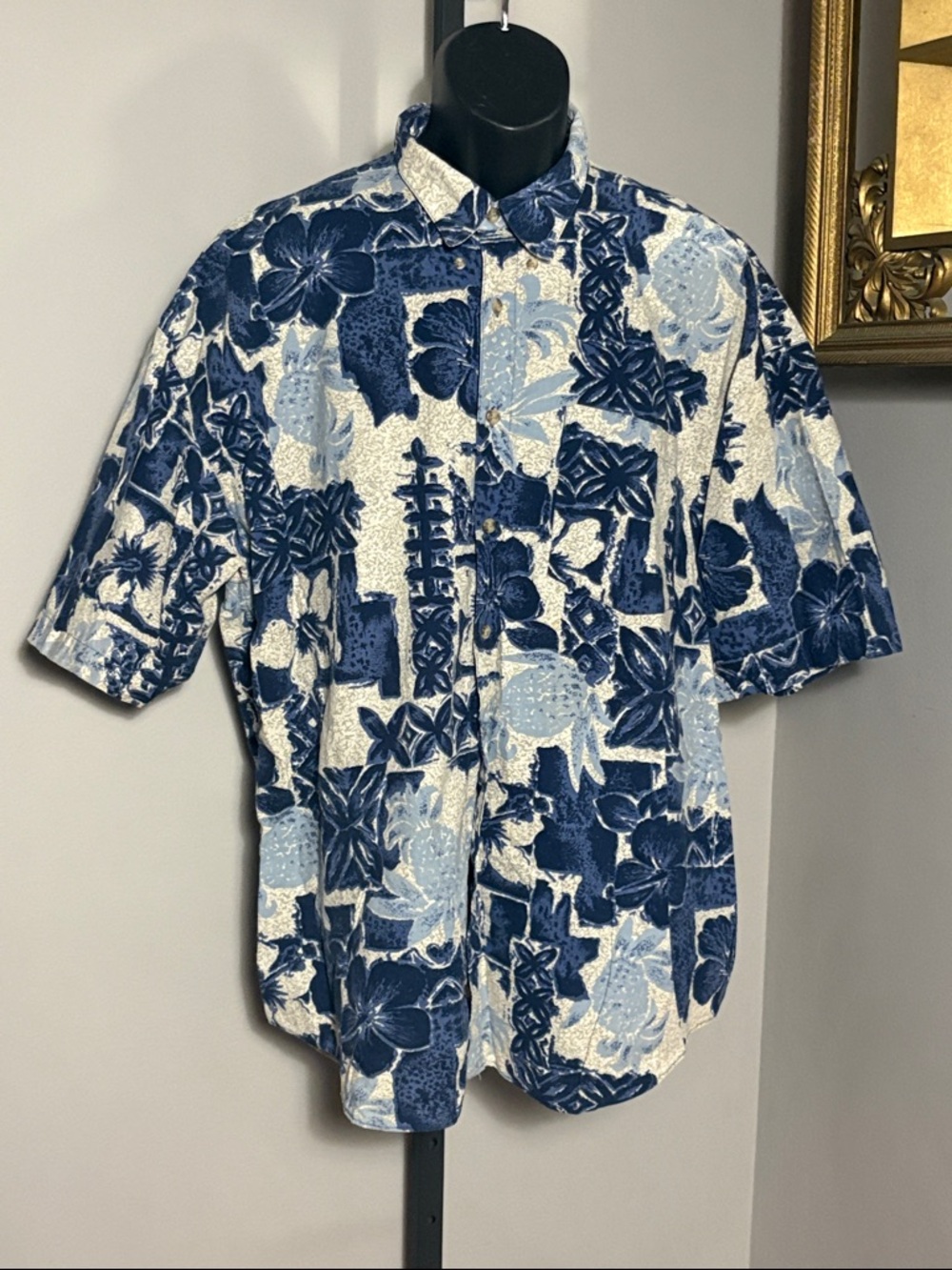 NAK XL Blue Floral Hawaiian Short Sleeve Men's Shirt
